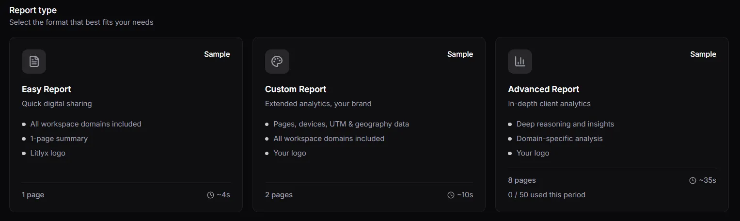 The buttons for choosing report type