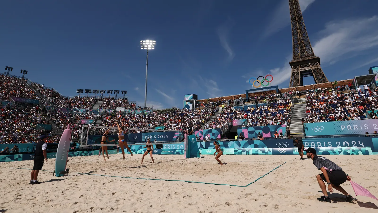 The beach volleyball arena in Paris, one of the temporarily constructed arenas during the games