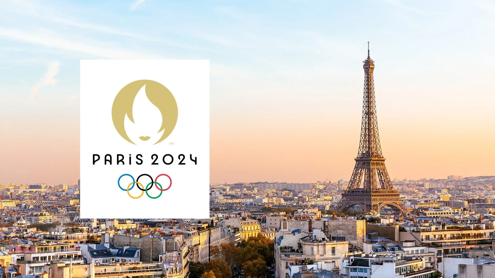 A view of Paris and the Olympic logotype for the Olympic Games 2024